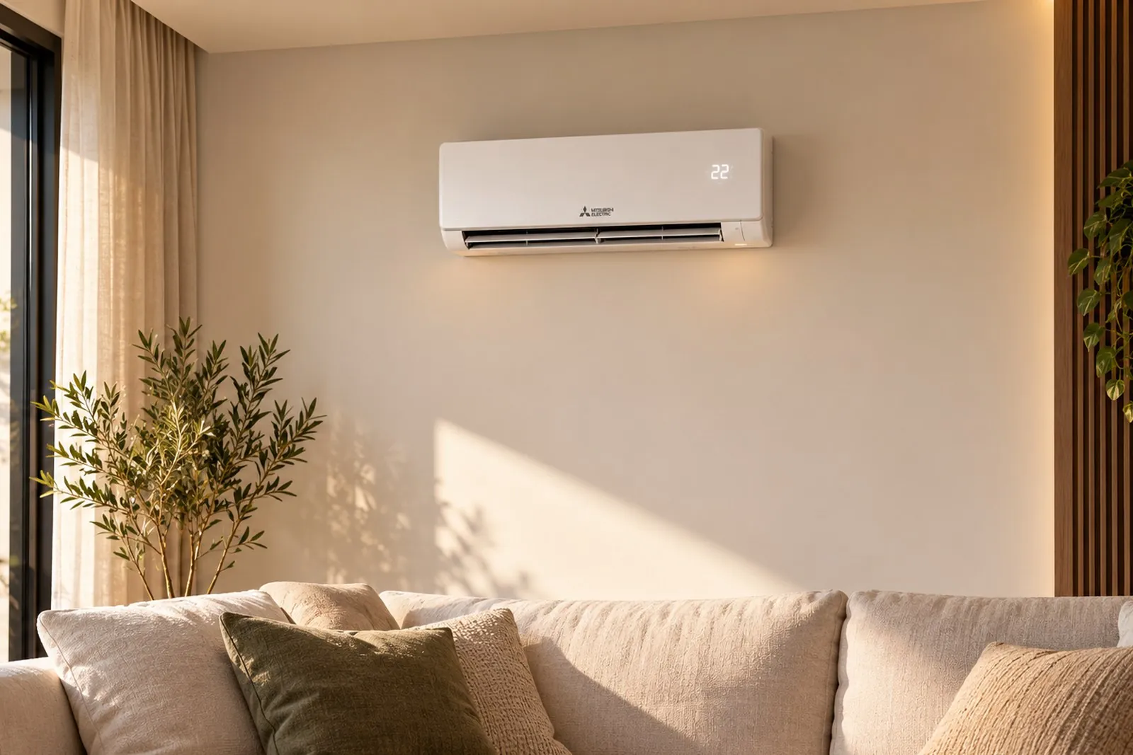 Climatiseur mural blanc installé dans un salon